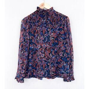 Willow Drive Women's Paisley Print Chiffon Blouse Long Sleeve Ruffle Cuff Small
